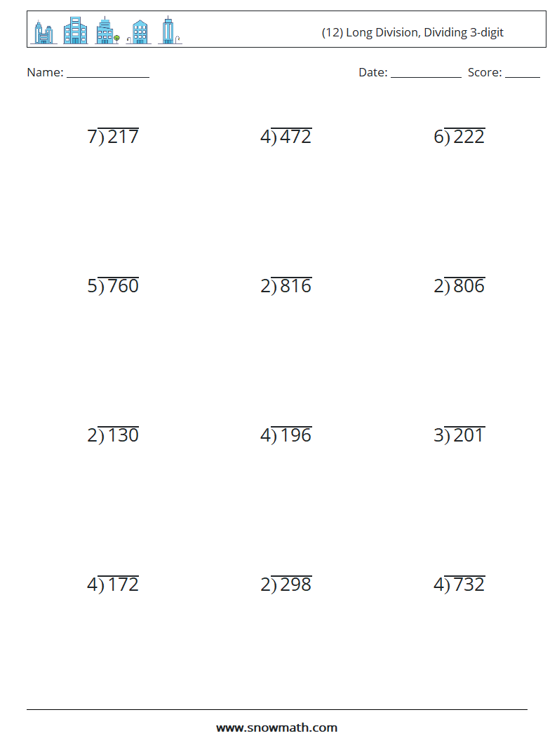 (12) Long Division, Dividing 3-digit Math Worksheets 14