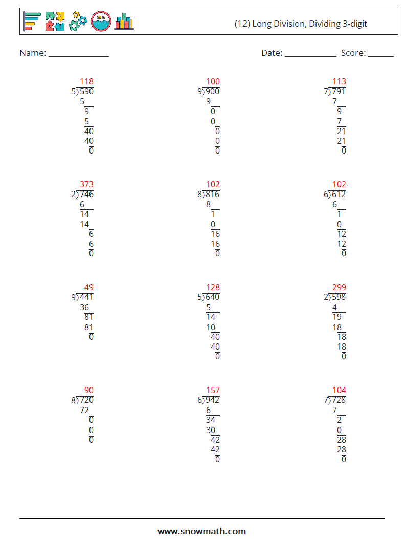 (12) Long Division, Dividing 3-digit Math Worksheets 15 Question, Answer