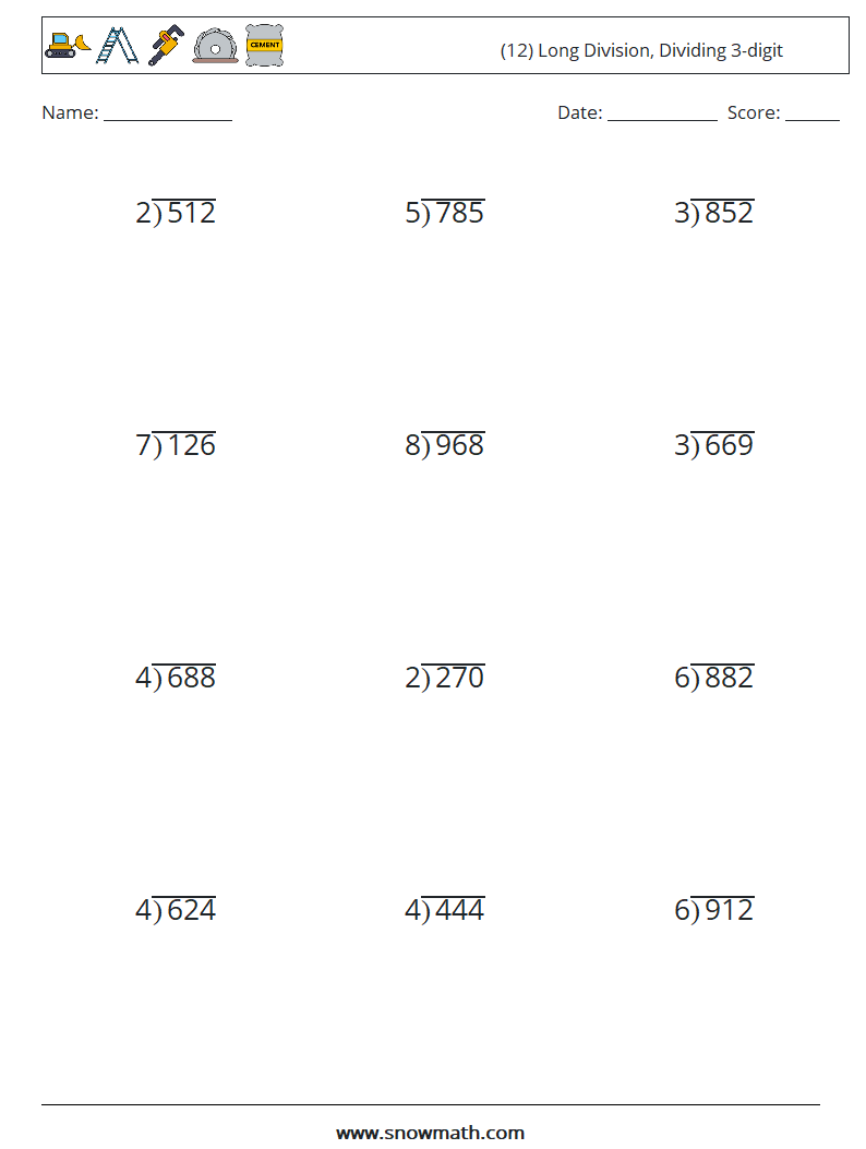 (12) Long Division, Dividing 3-digit Math Worksheets 18