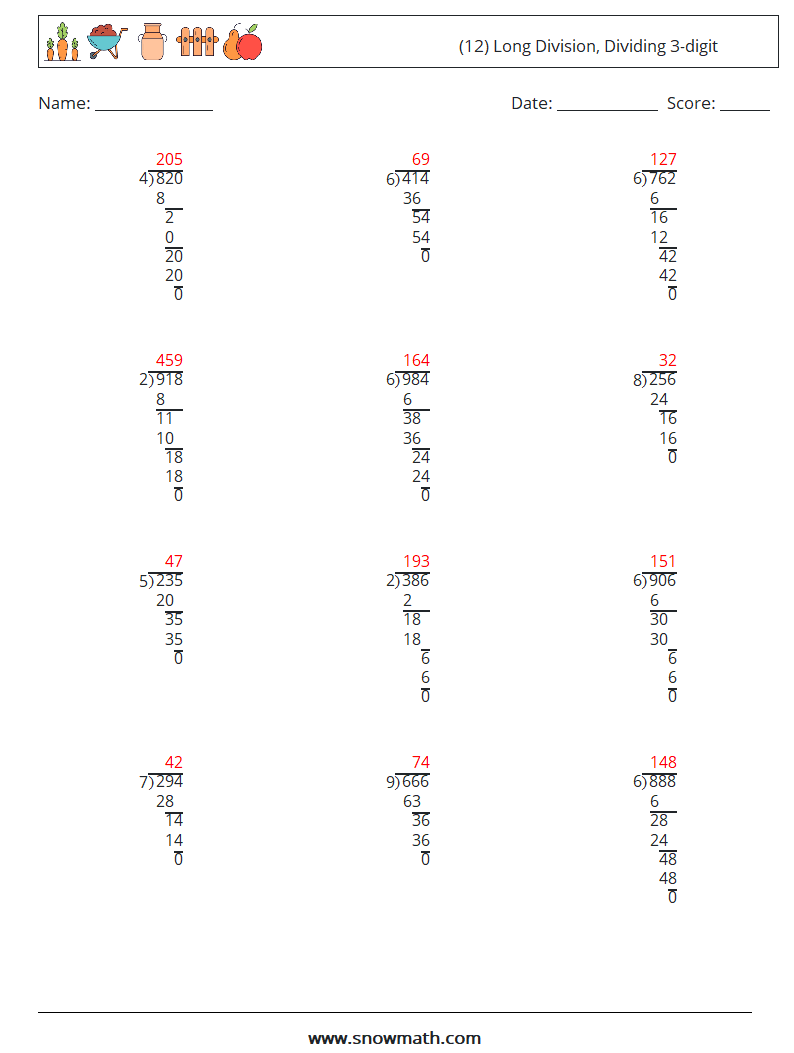 (12) Long Division, Dividing 3-digit Math Worksheets 1 Question, Answer