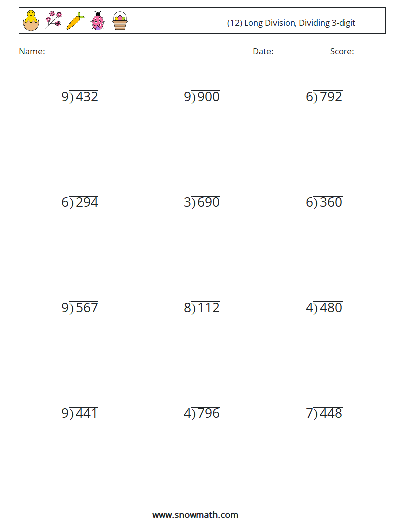 (12) Long Division, Dividing 3-digit Math Worksheets 2