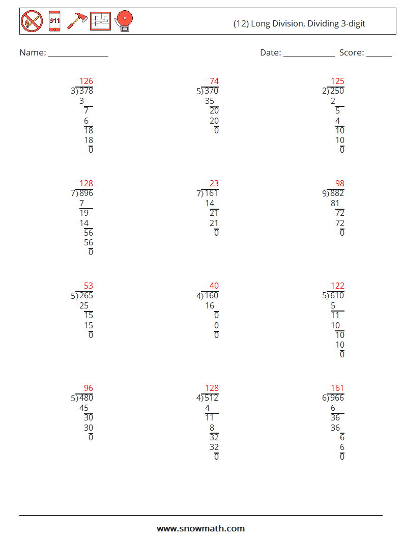 (12) Long Division, Dividing 3-digit Math Worksheets 3 Question, Answer