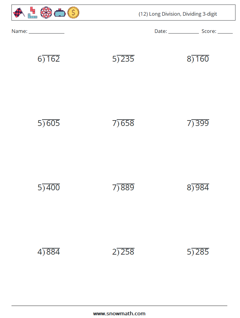 (12) Long Division, Dividing 3-digit Math Worksheets 5