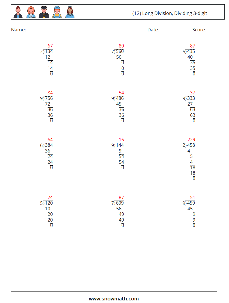 (12) Long Division, Dividing 3-digit Math Worksheets 7 Question, Answer