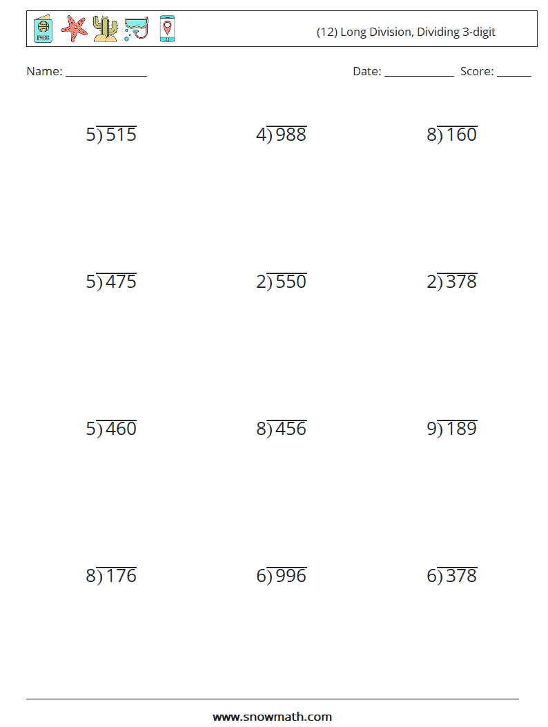 (12) Long Division, Dividing 3-digit Math Worksheets 8