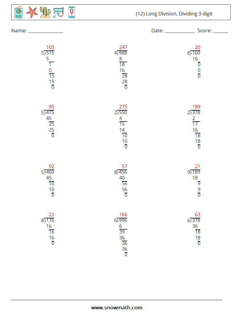 (12) Long Division, Dividing 3-digit Math Worksheets 8 Question, Answer