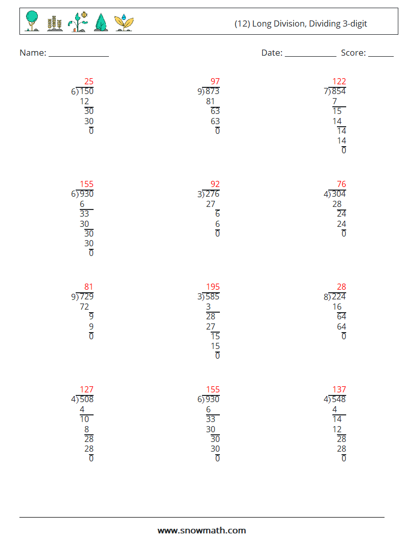 (12) Long Division, Dividing 3-digit Math Worksheets 9 Question, Answer