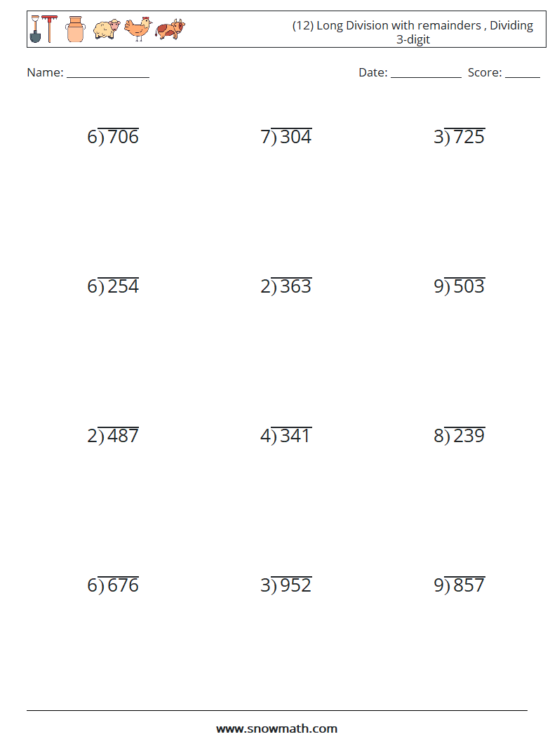 (12) Long Division with remainders , Dividing 3-digit Math Worksheets 1