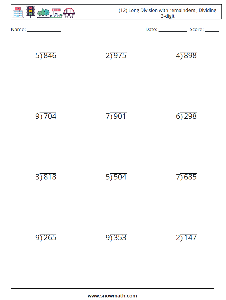 (12) Long Division with remainders , Dividing 3-digit Math Worksheets 11