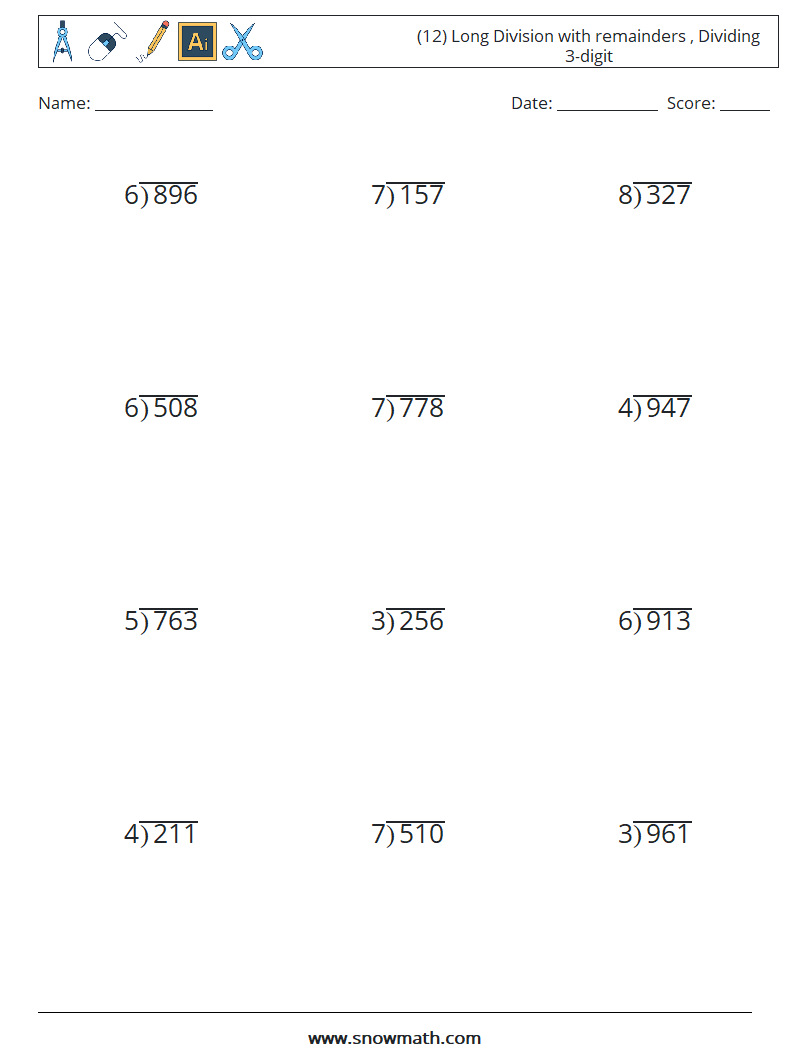 (12) Long Division with remainders , Dividing 3-digit Math Worksheets 12