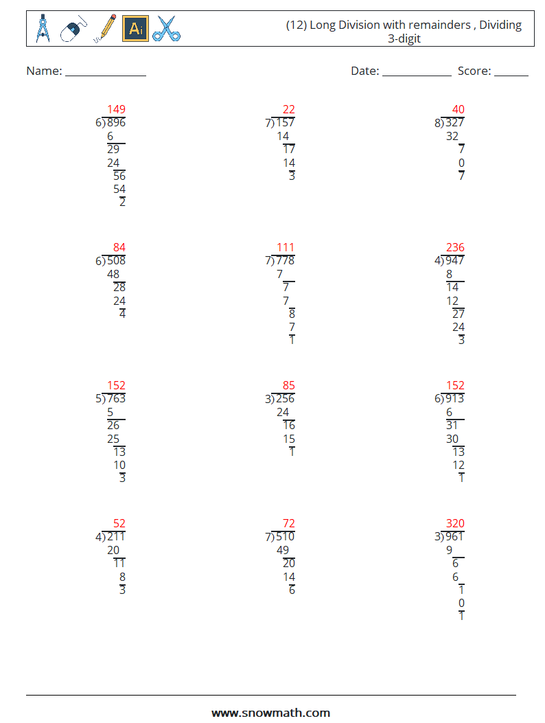 (12) Long Division with remainders , Dividing 3-digit Math Worksheets 12 Question, Answer