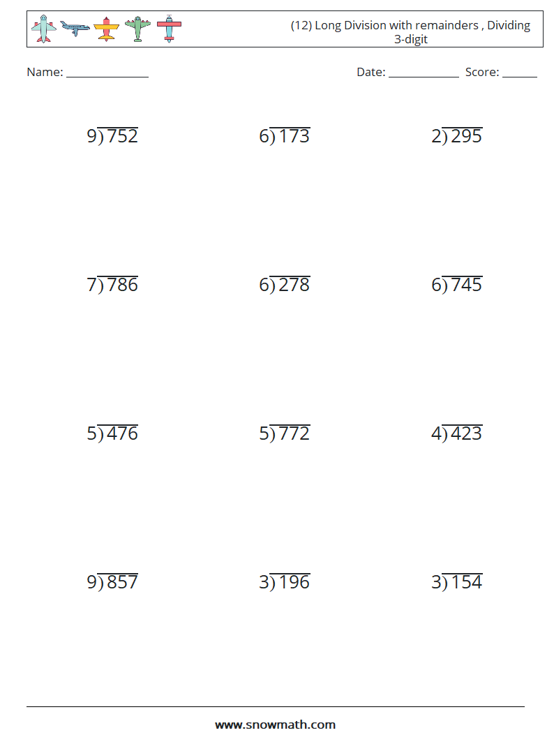 (12) Long Division with remainders , Dividing 3-digit Math Worksheets 13
