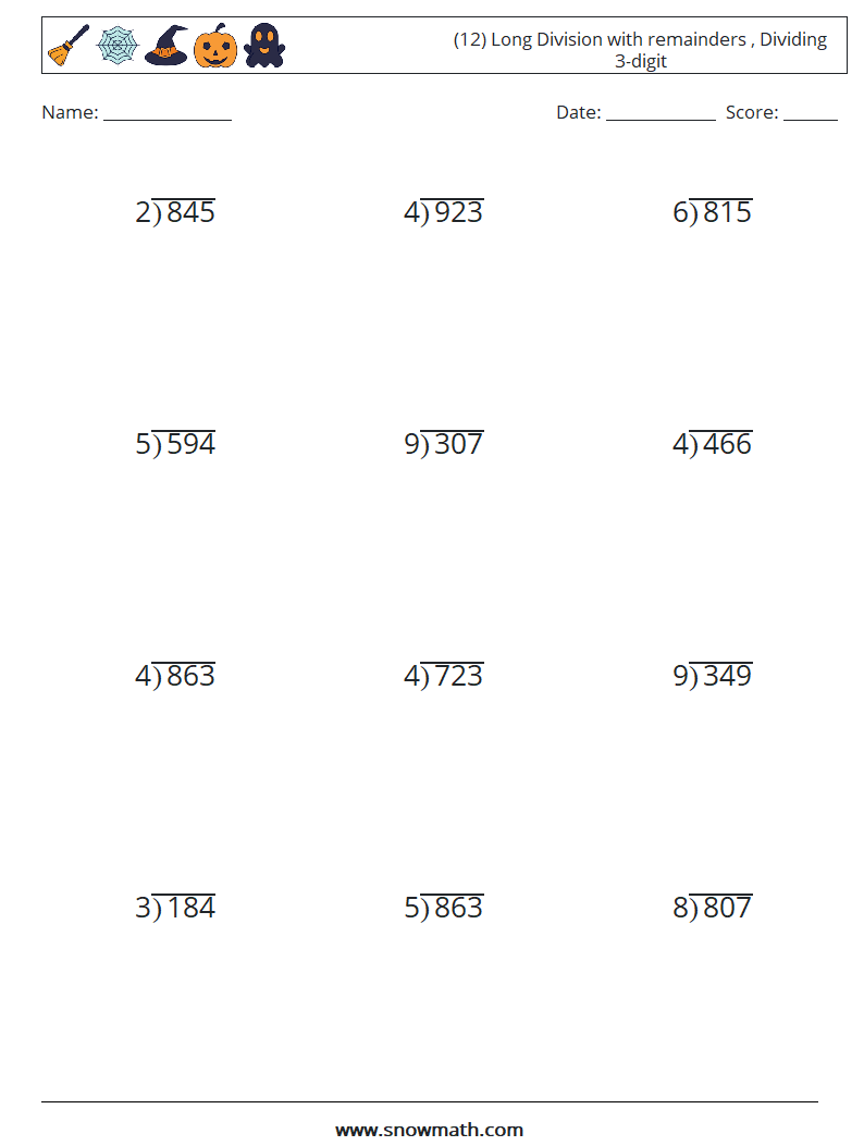 (12) Long Division with remainders , Dividing 3-digit Math Worksheets 14