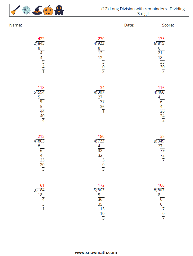 (12) Long Division with remainders , Dividing 3-digit Math Worksheets 14 Question, Answer