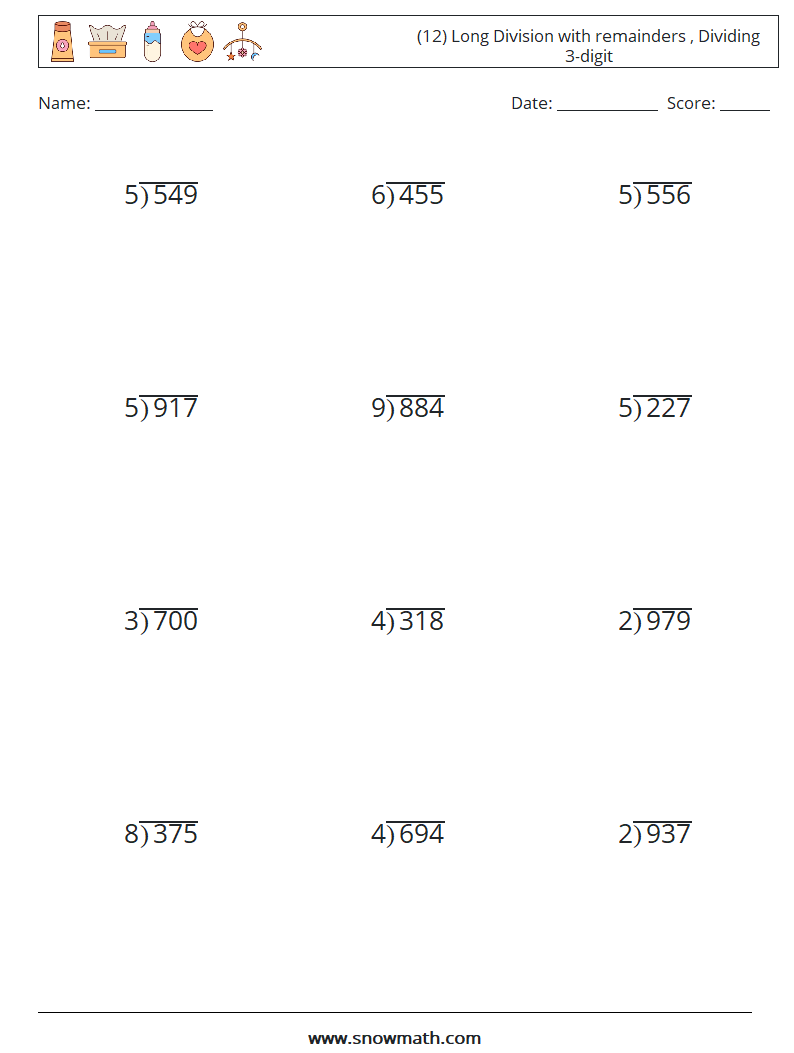 (12) Long Division with remainders , Dividing 3-digit Math Worksheets 15