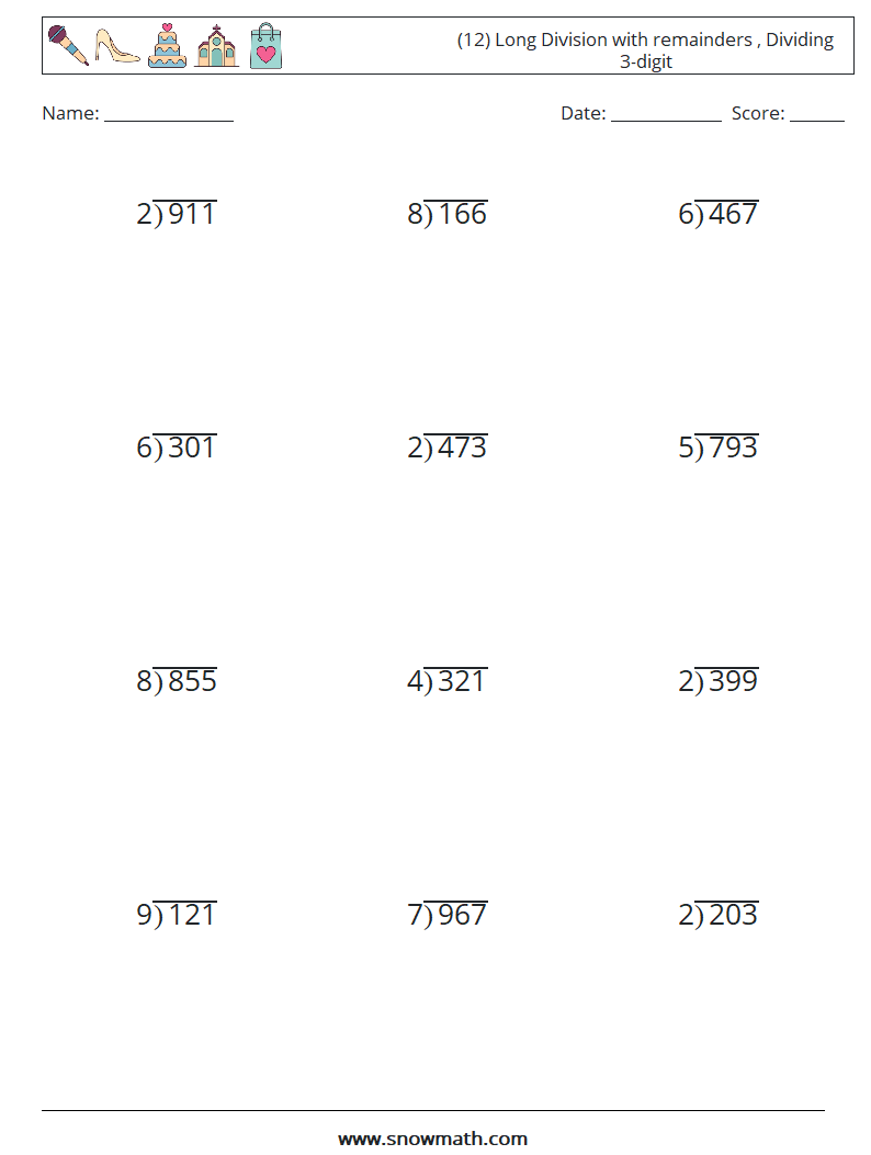 (12) Long Division with remainders , Dividing 3-digit Math Worksheets 16
