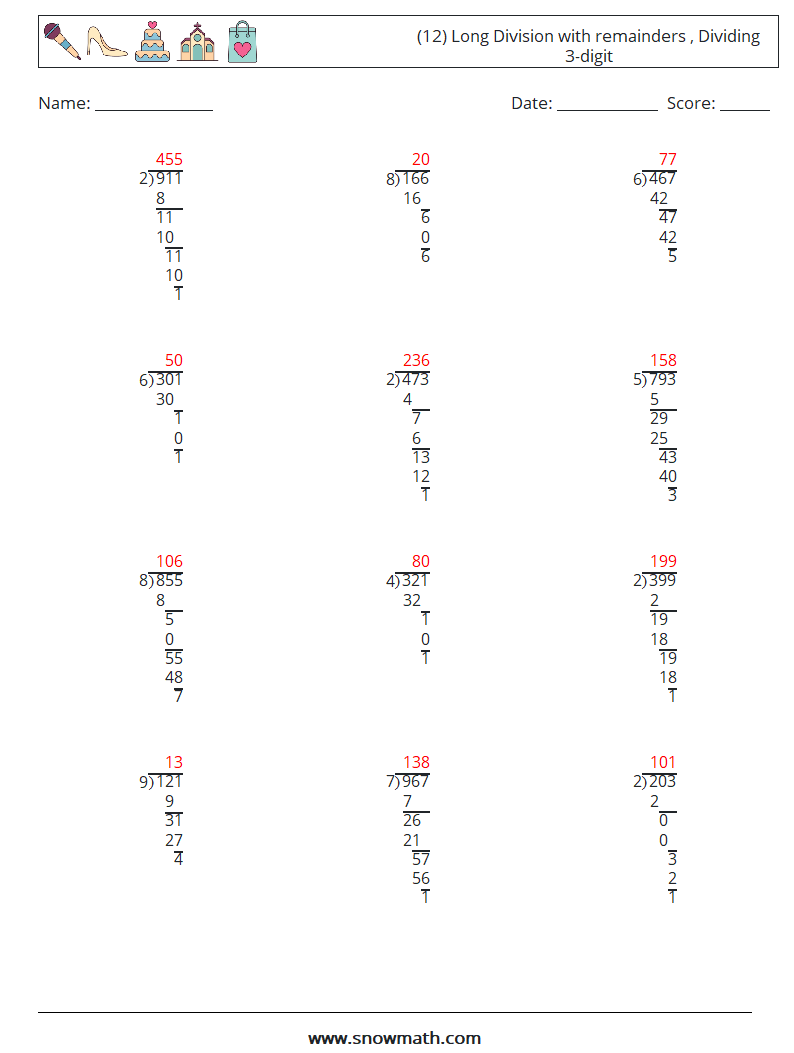 (12) Long Division with remainders , Dividing 3-digit Math Worksheets 16 Question, Answer