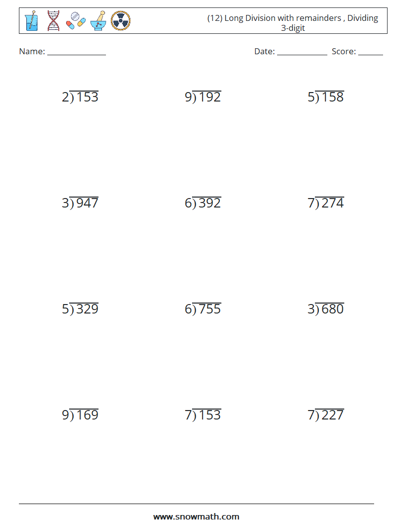 (12) Long Division with remainders , Dividing 3-digit Math Worksheets 17