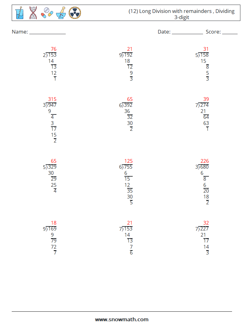 (12) Long Division with remainders , Dividing 3-digit Math Worksheets 17 Question, Answer