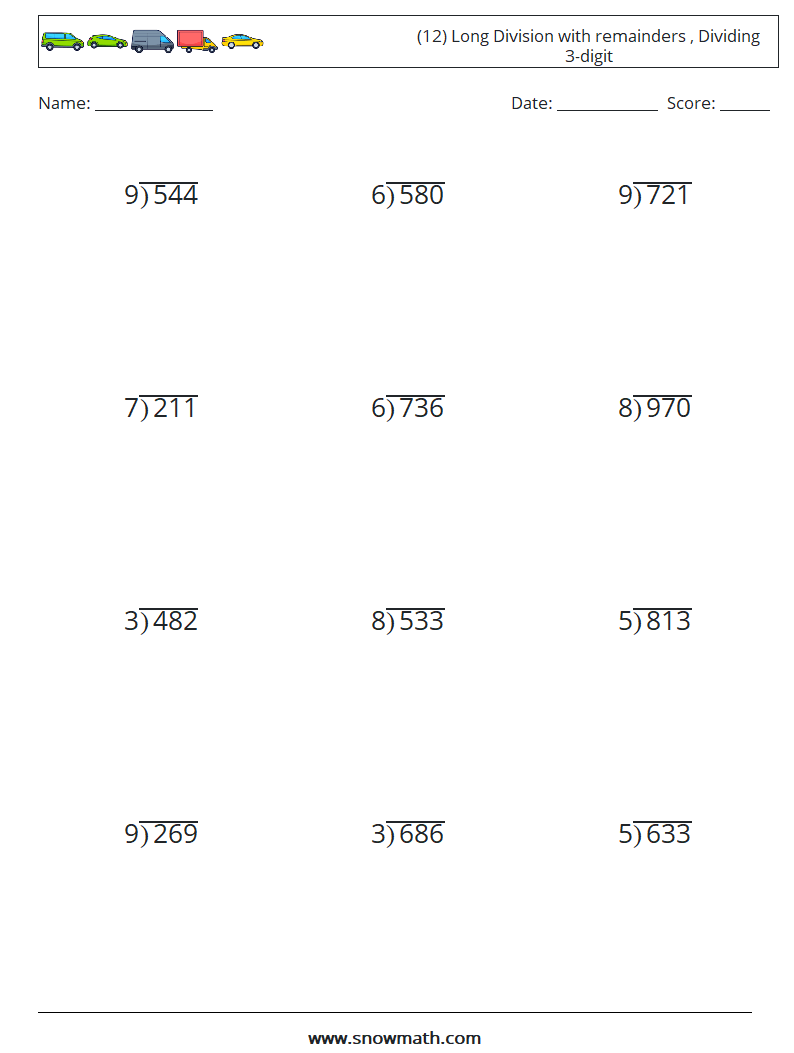 (12) Long Division with remainders , Dividing 3-digit Math Worksheets 18