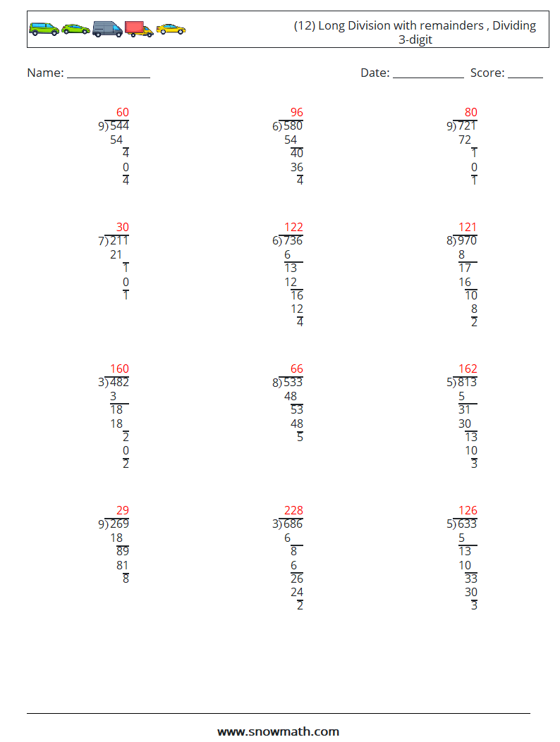 (12) Long Division with remainders , Dividing 3-digit Math Worksheets 18 Question, Answer