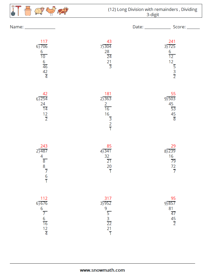 (12) Long Division with remainders , Dividing 3-digit Math Worksheets 1 Question, Answer