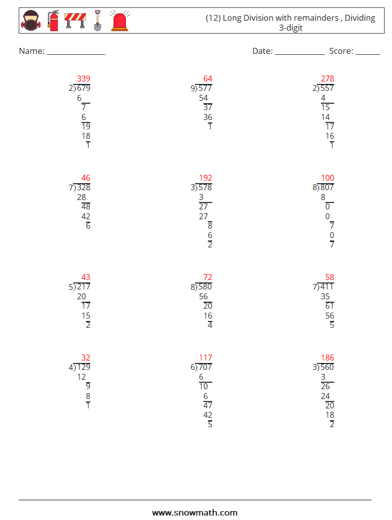 (12) Long Division with remainders , Dividing 3-digit Math Worksheets 2 Question, Answer