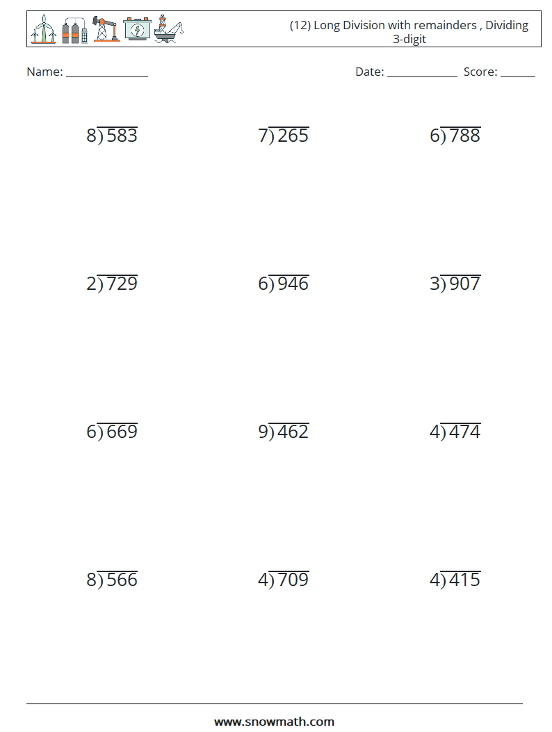 (12) Long Division with remainders , Dividing 3-digit Math Worksheets 3