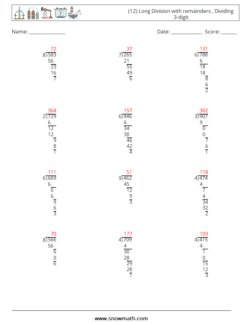 (12) Long Division with remainders , Dividing 3-digit Math Worksheets 3 Question, Answer