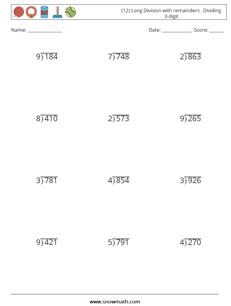 (12) Long Division with remainders , Dividing 3-digit Math Worksheets 4