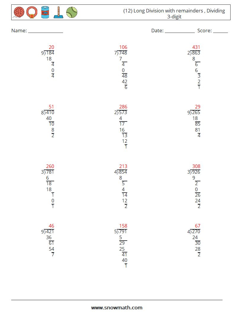 (12) Long Division with remainders , Dividing 3-digit Math Worksheets 4 Question, Answer