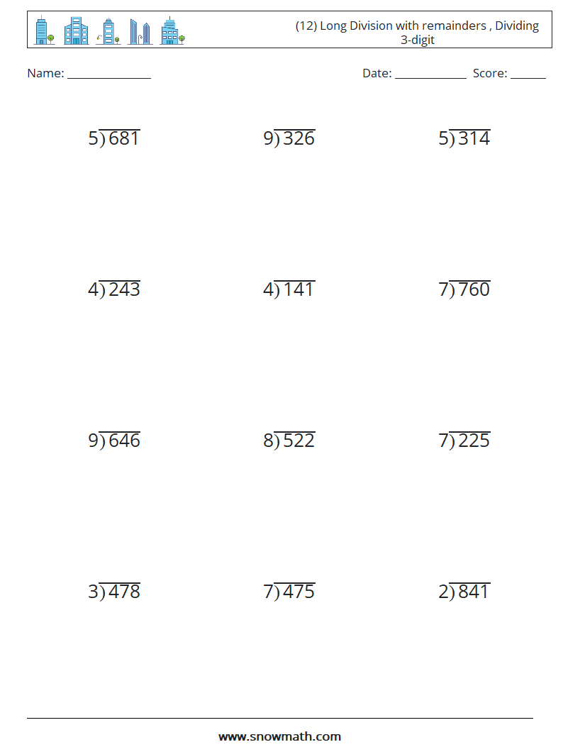 (12) Long Division with remainders , Dividing 3-digit Math Worksheets 5