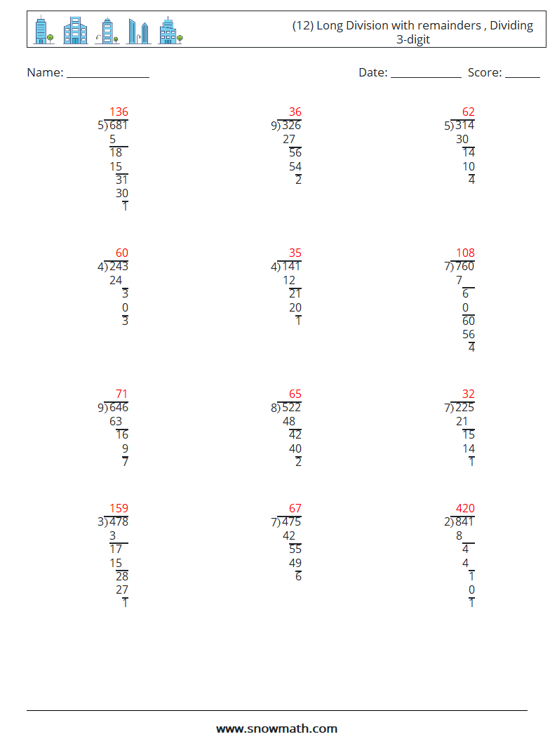 (12) Long Division with remainders , Dividing 3-digit Math Worksheets 5 Question, Answer