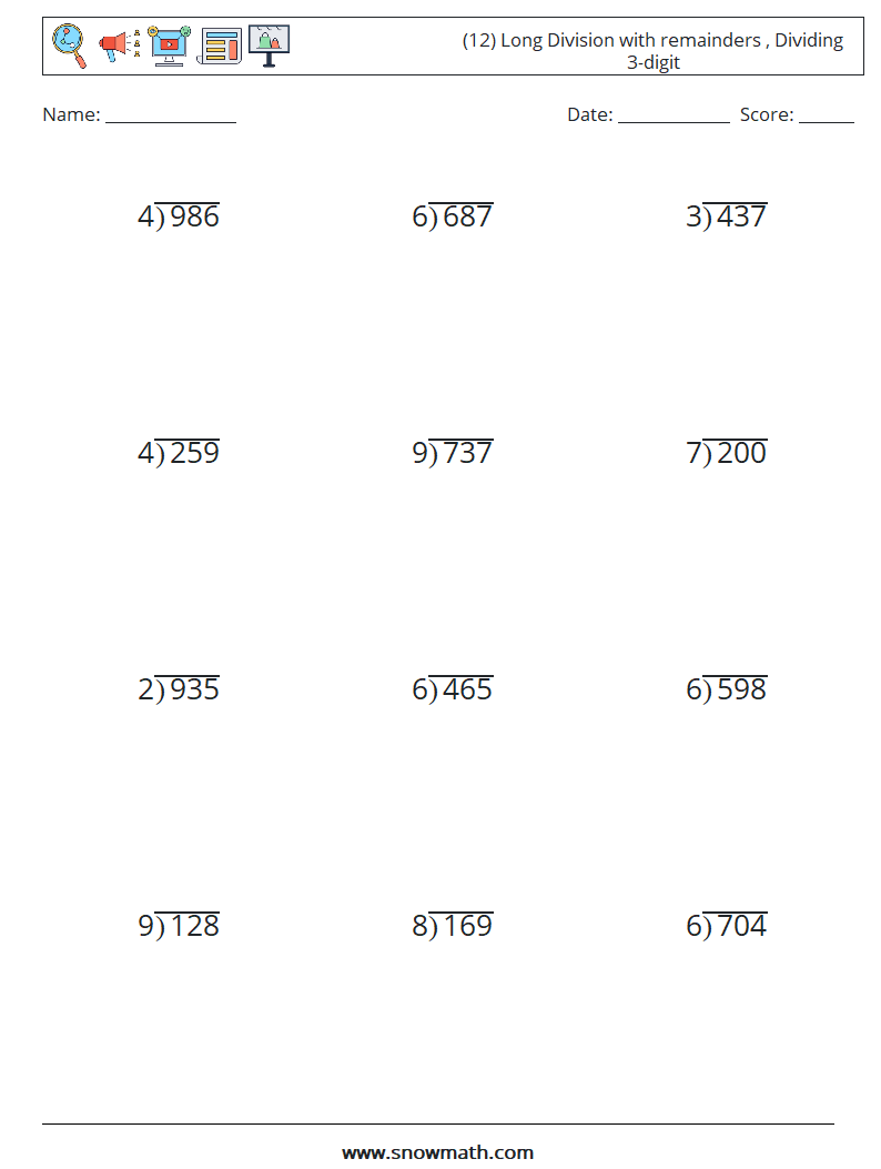 (12) Long Division with remainders , Dividing 3-digit Math Worksheets 6