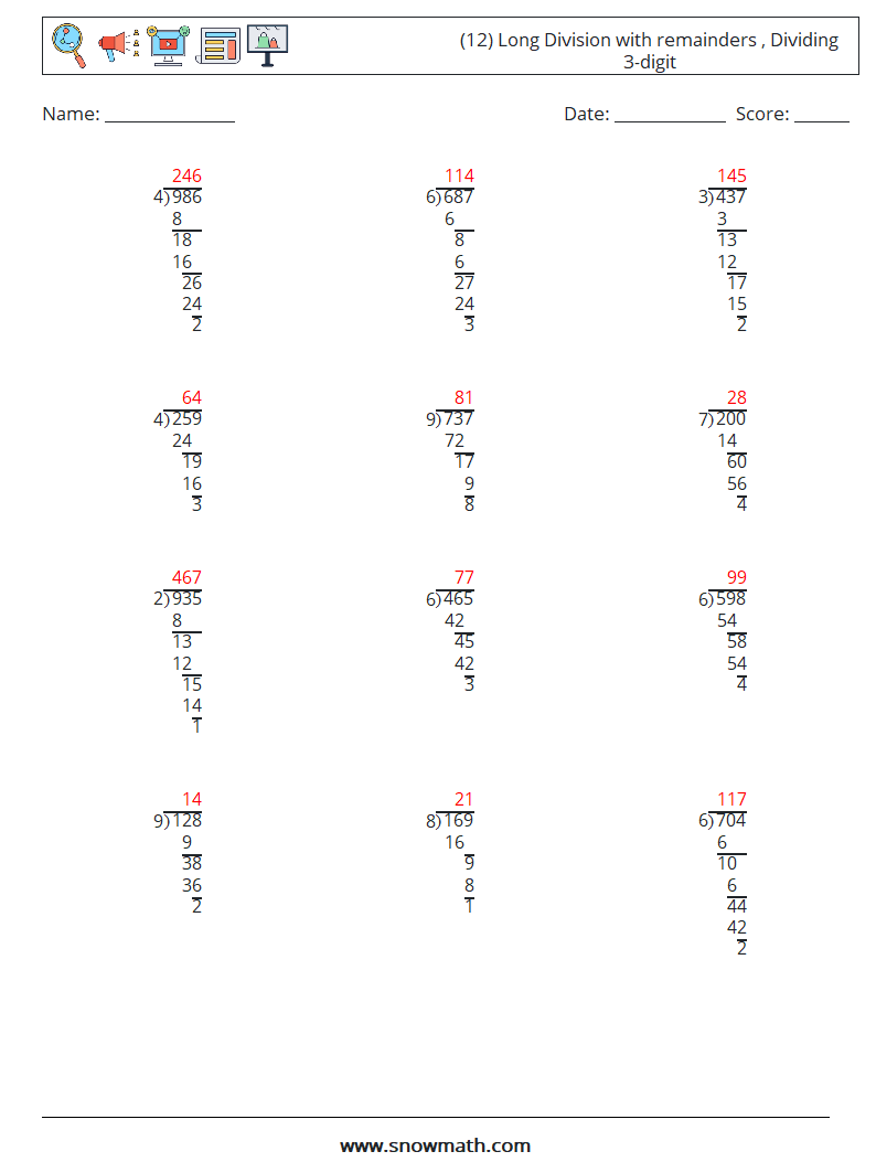 (12) Long Division with remainders , Dividing 3-digit Math Worksheets 6 Question, Answer