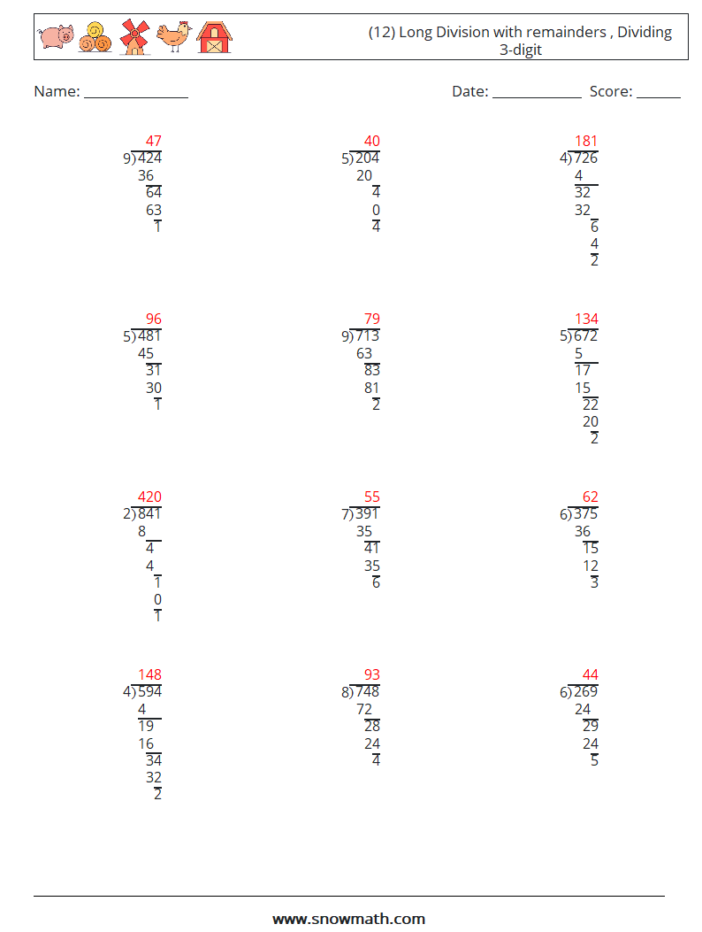 (12) Long Division with remainders , Dividing 3-digit Math Worksheets 7 Question, Answer