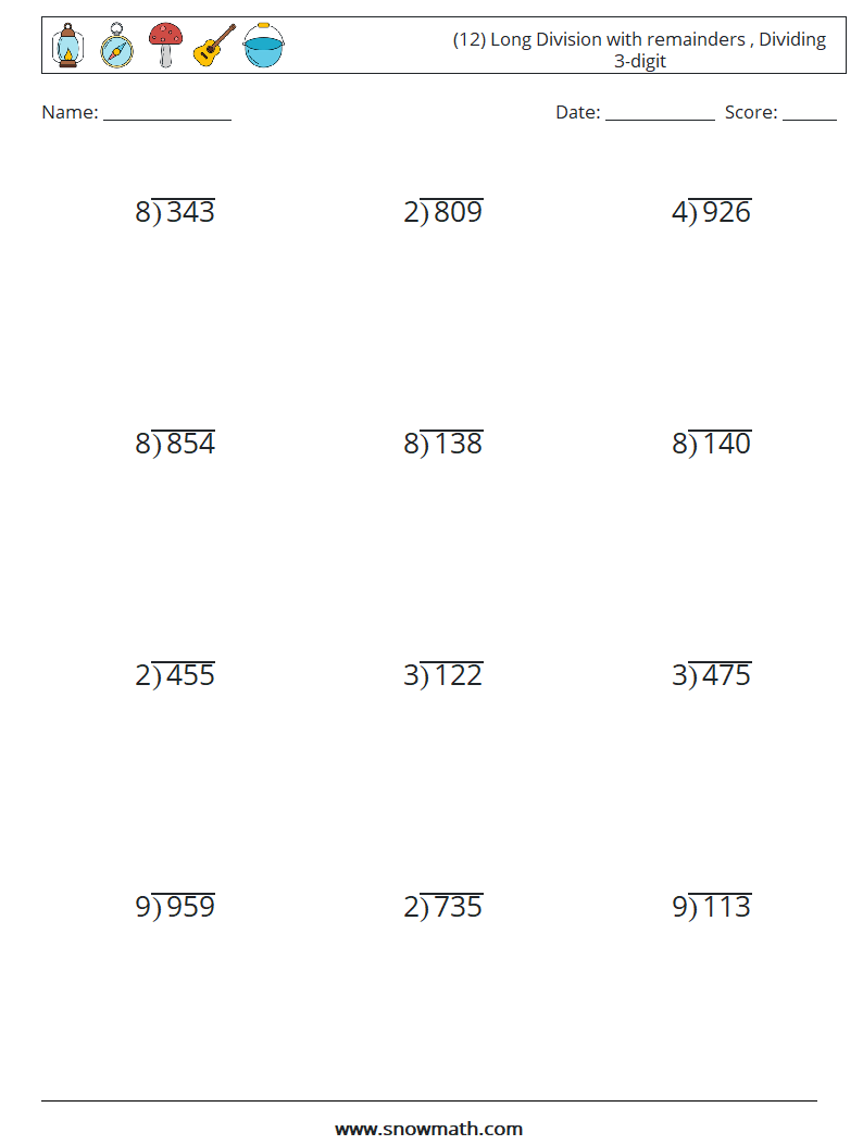 (12) Long Division with remainders , Dividing 3-digit Math Worksheets 8