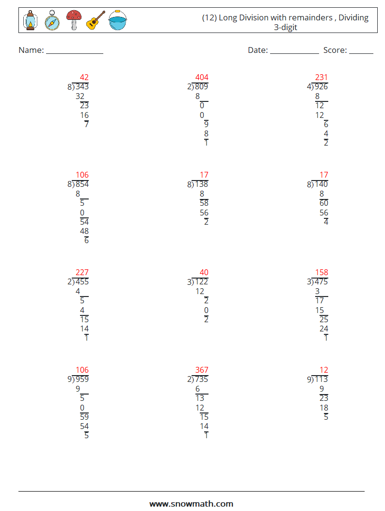 (12) Long Division with remainders , Dividing 3-digit Math Worksheets 8 Question, Answer