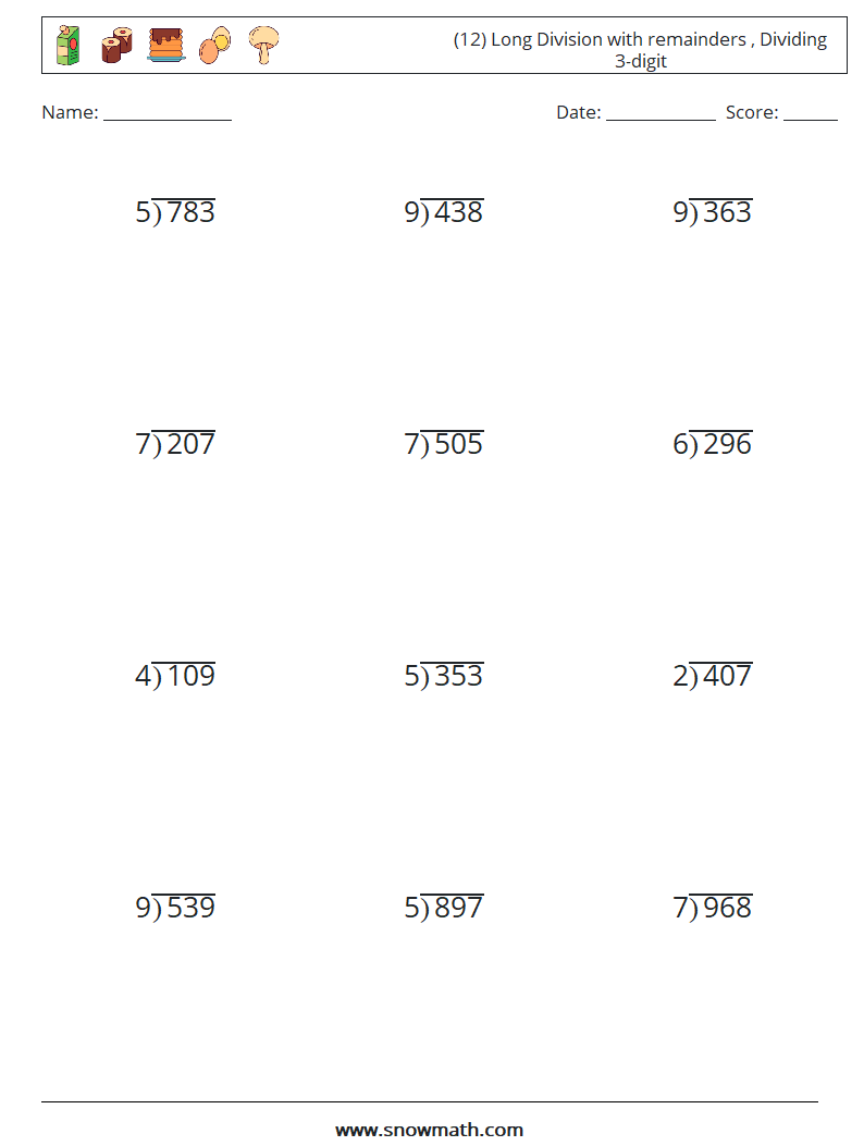 (12) Long Division with remainders , Dividing 3-digit Math Worksheets 9