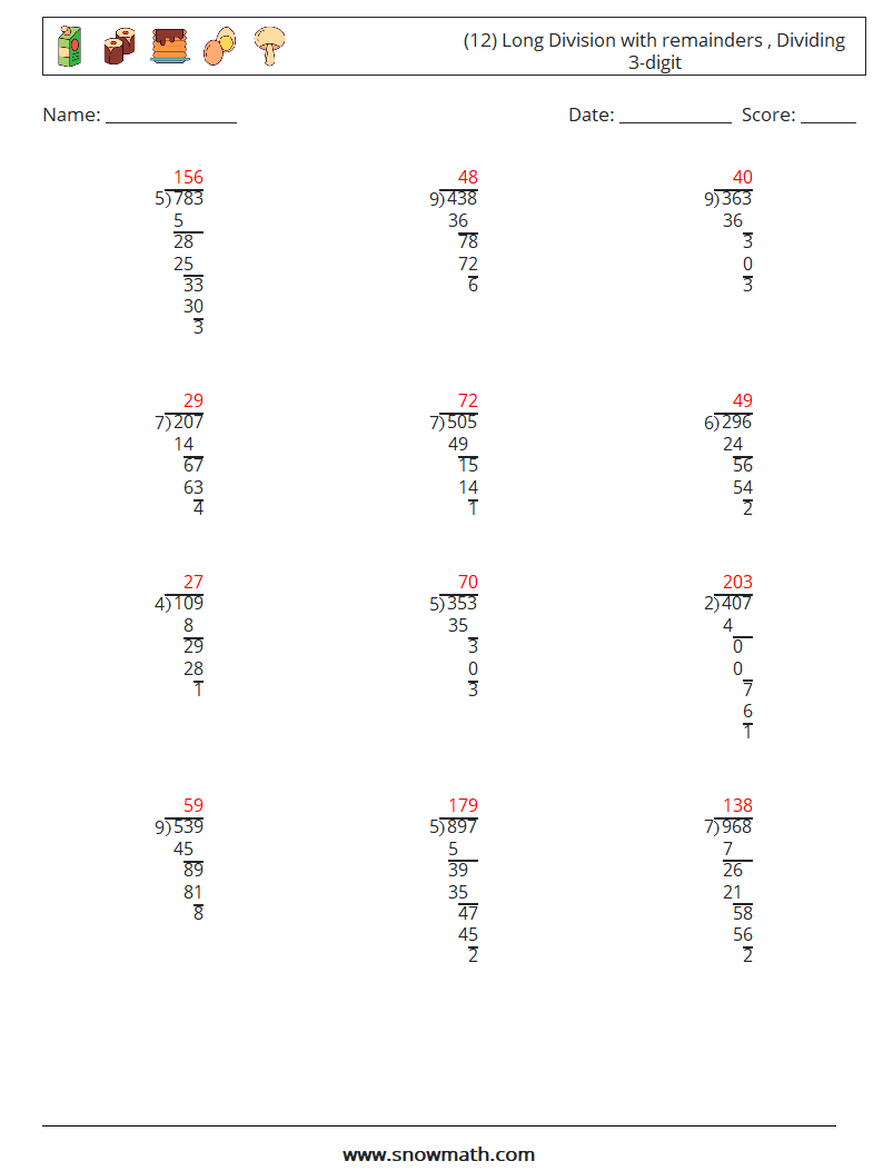 (12) Long Division with remainders , Dividing 3-digit Math Worksheets 9 Question, Answer