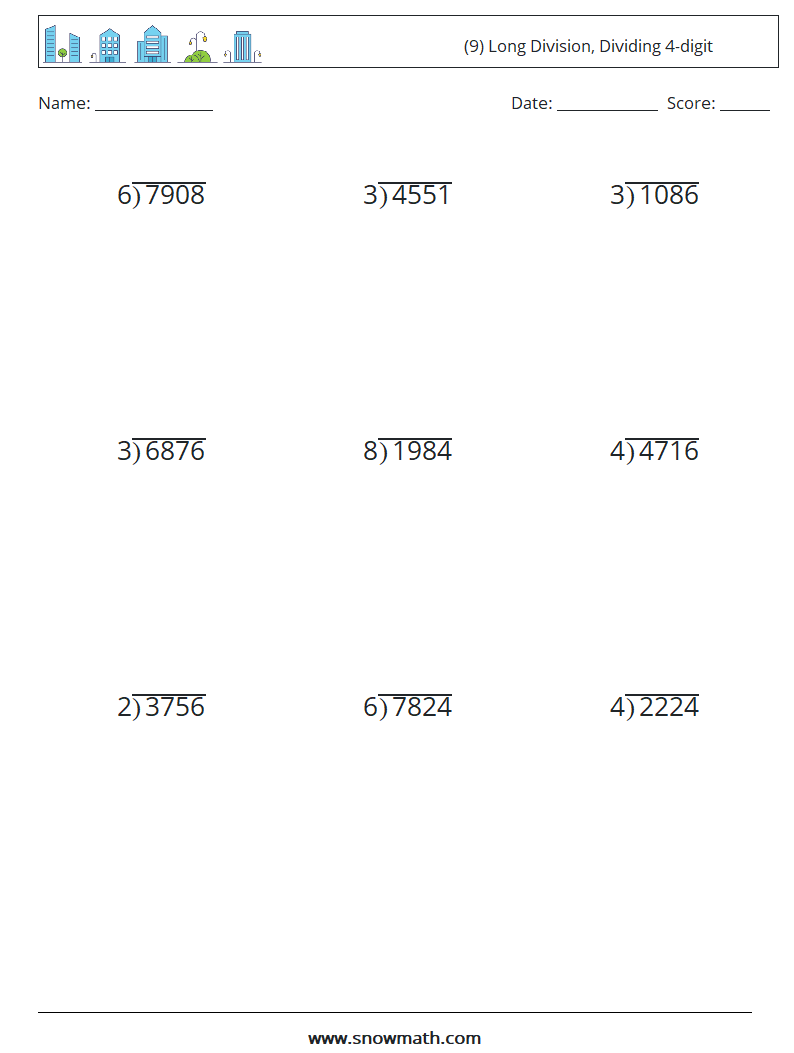 (9) Long Division, Dividing 4-digit Math Worksheets 1