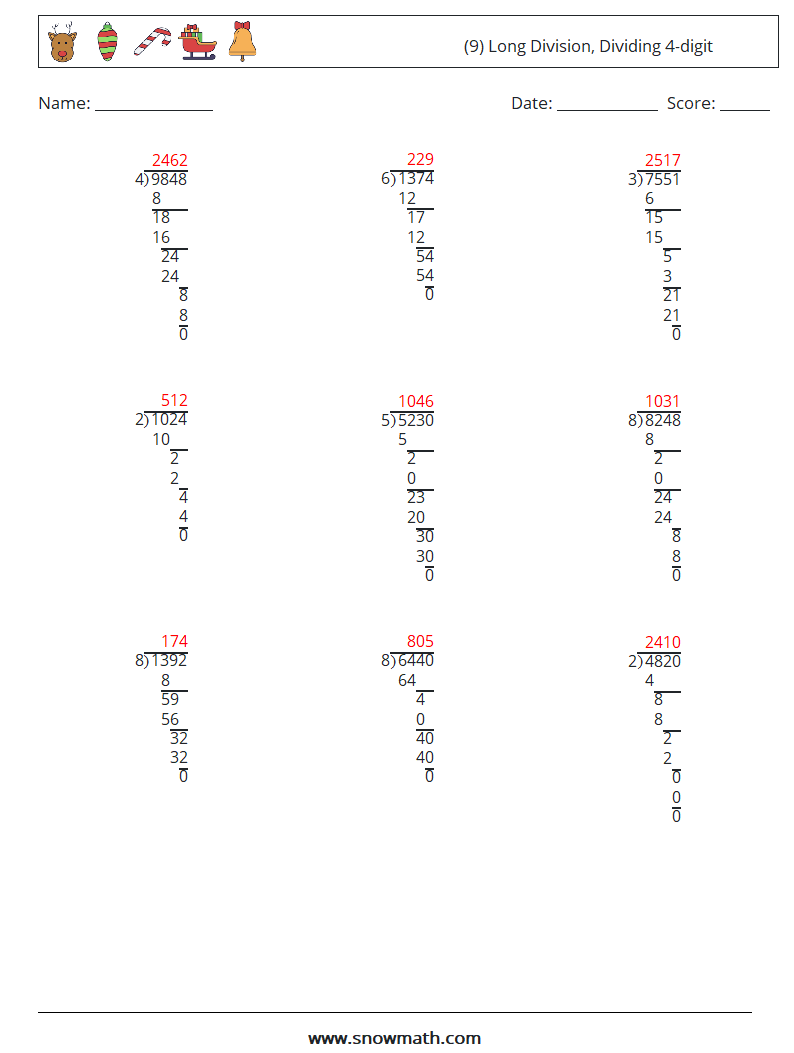 (9) Long Division, Dividing 4-digit Math Worksheets 10 Question, Answer