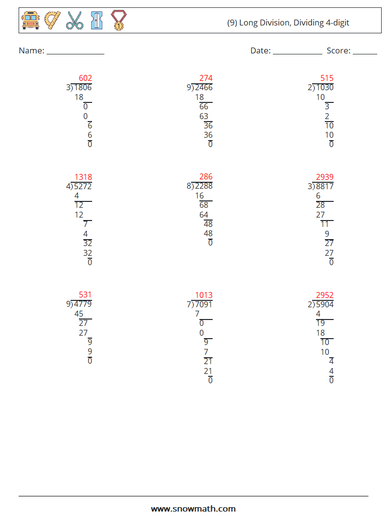 (9) Long Division, Dividing 4-digit Math Worksheets 11 Question, Answer