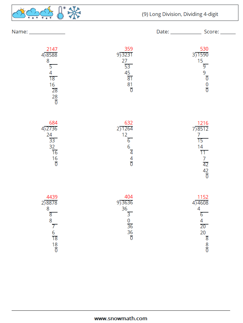 (9) Long Division, Dividing 4-digit Math Worksheets 12 Question, Answer