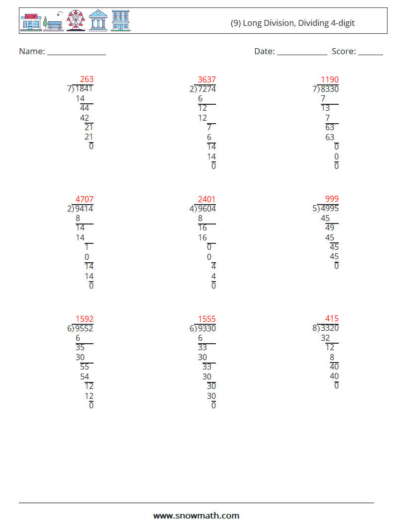 (9) Long Division, Dividing 4-digit Math Worksheets 14 Question, Answer