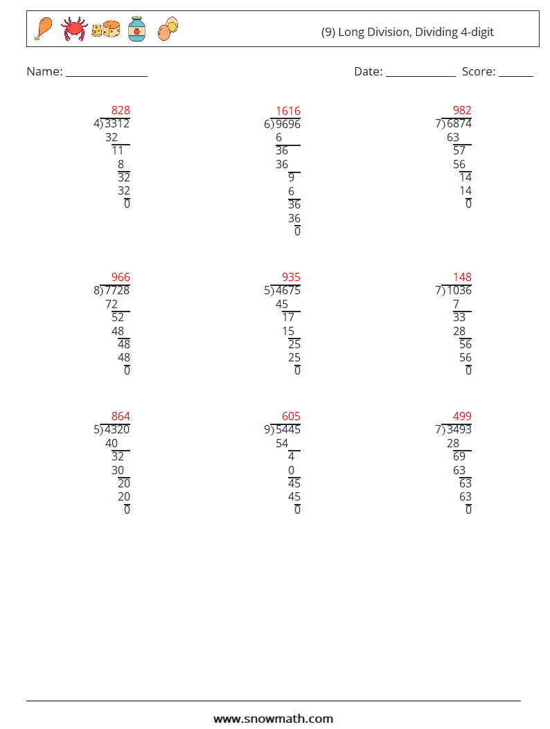 (9) Long Division, Dividing 4-digit Math Worksheets 15 Question, Answer