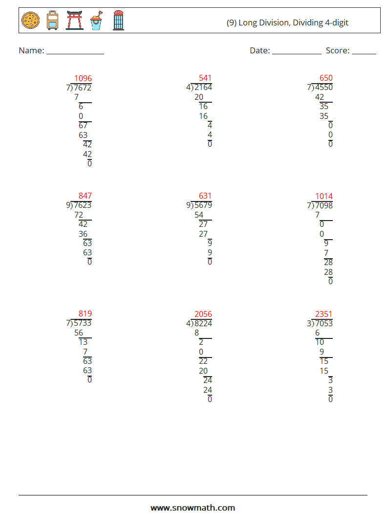 (9) Long Division, Dividing 4-digit Math Worksheets 17 Question, Answer