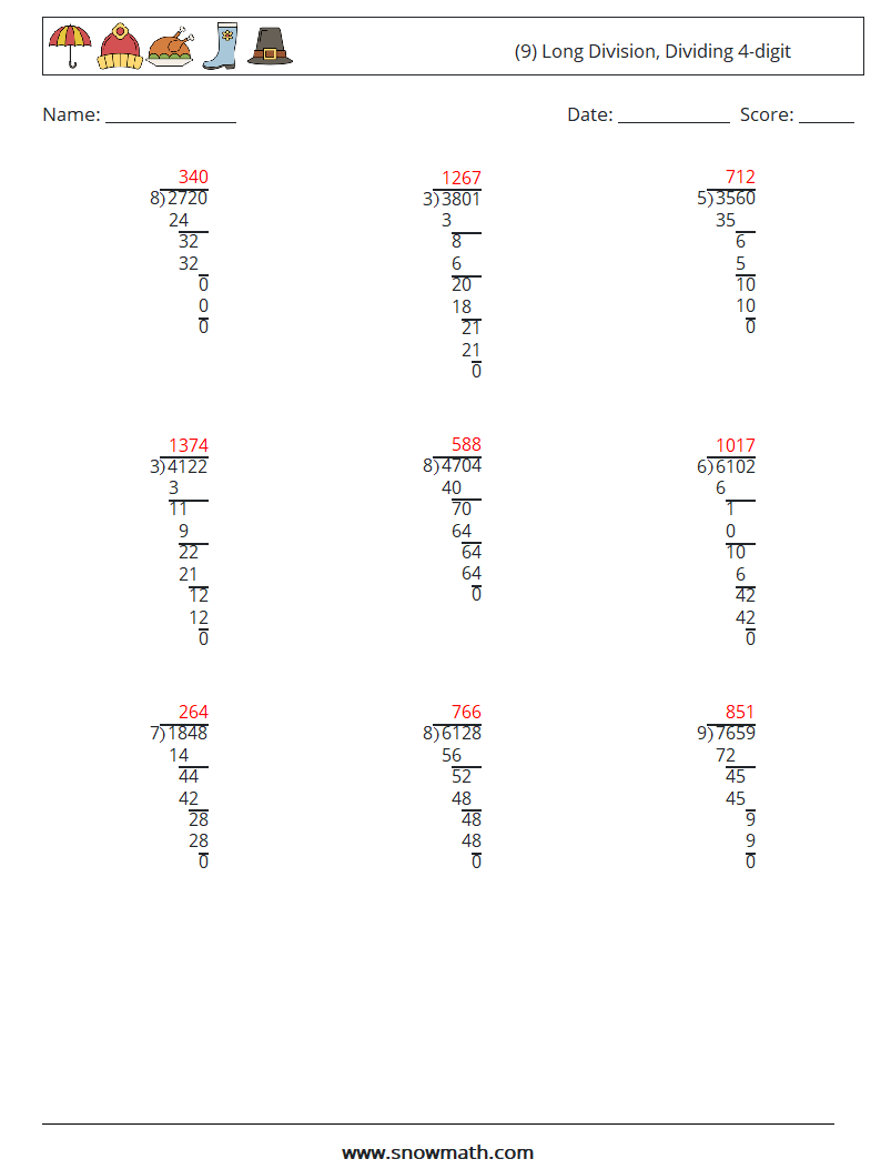 (9) Long Division, Dividing 4-digit Math Worksheets 18 Question, Answer