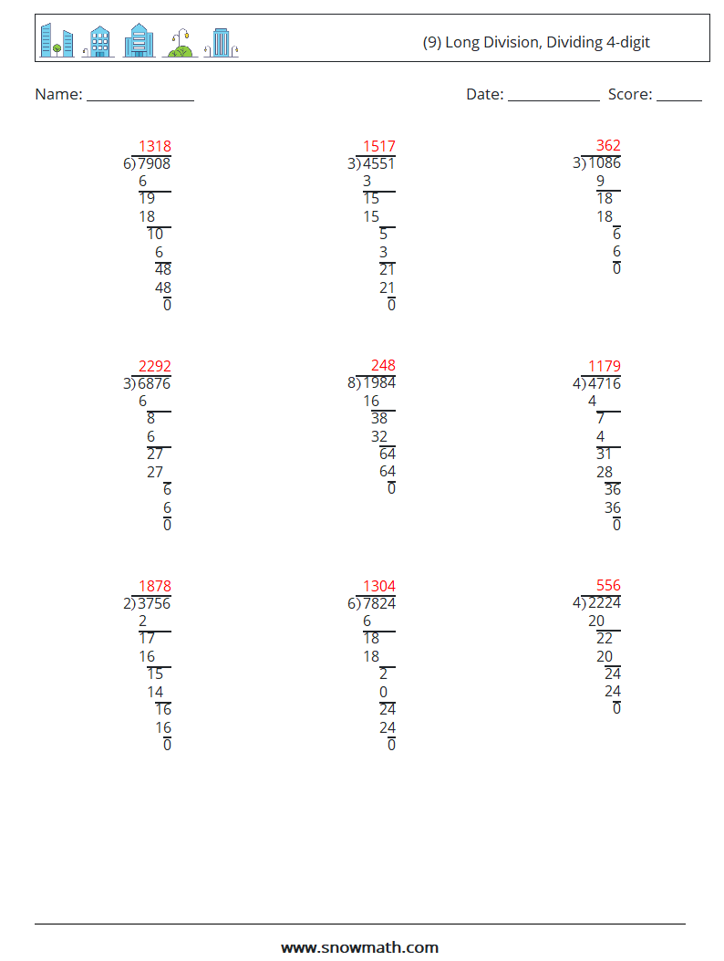 (9) Long Division, Dividing 4-digit Math Worksheets 1 Question, Answer