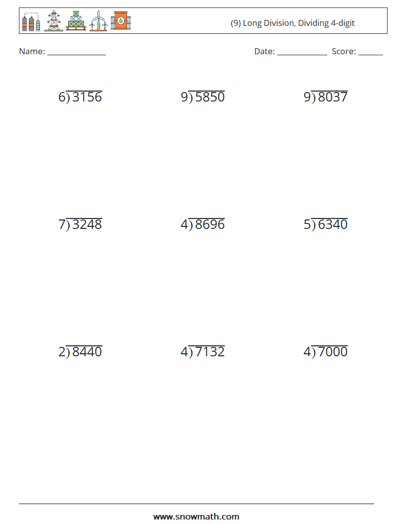 (9) Long Division, Dividing 4-digit Math Worksheets 2